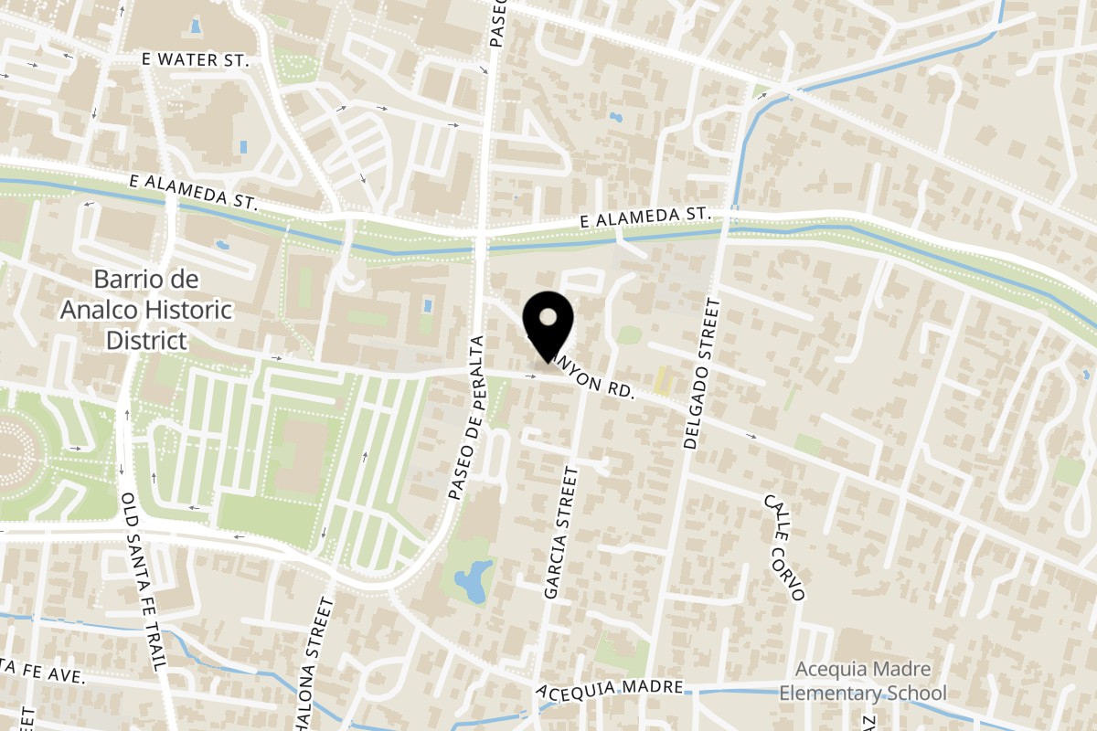 Map showing the location of Deccan cafe on 233 Canyon Rd in Santa Fe